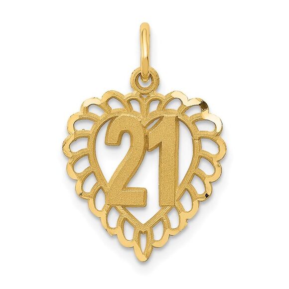14k Yellow Gold Number 21 Heart Charm or Pendant, 15mm - Picture 1 of 5